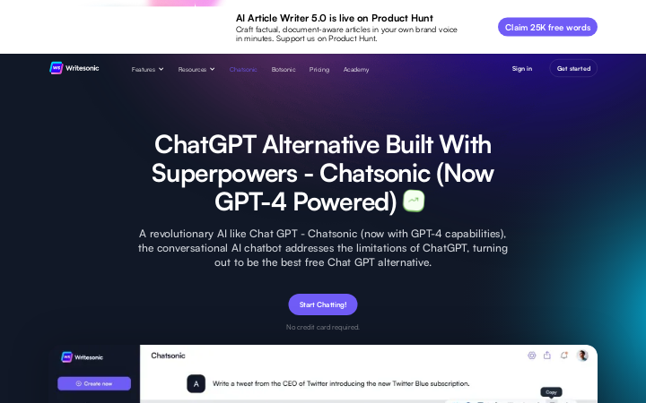 Screenshot of Chatsonic Homepage
